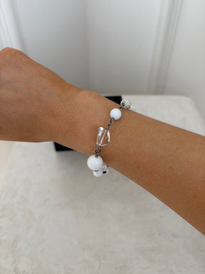 Chanel White and Silver Beaded Logo Bracelet