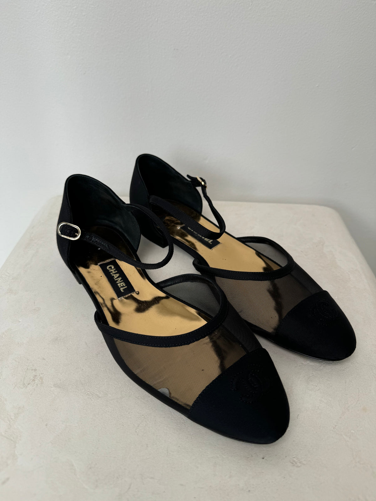 Chanel Black Mesh Ankle Strap Logo Flats, 41C