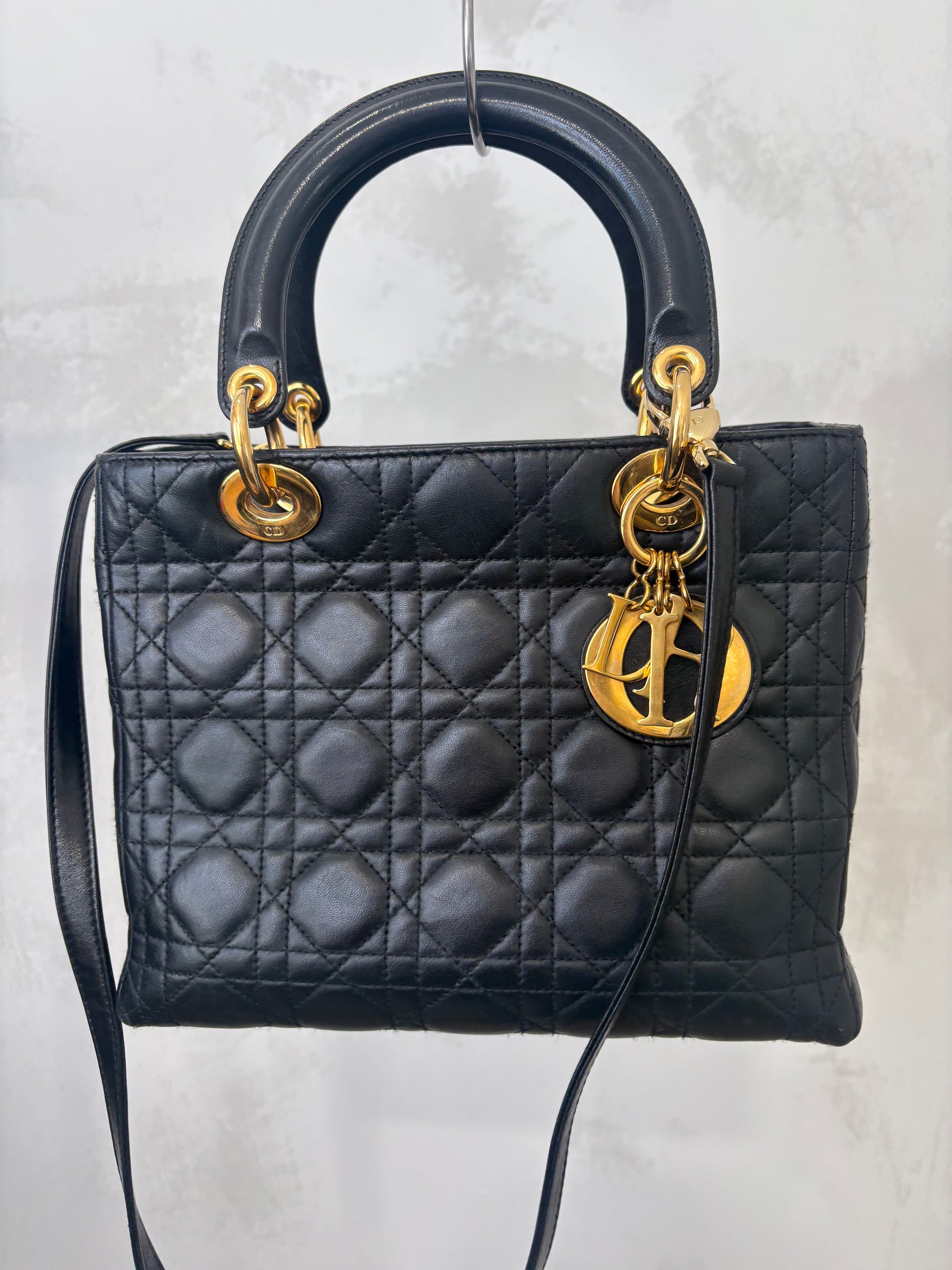 Dior Black Cannage Leather Medium Lady Dior With Gold Hardware