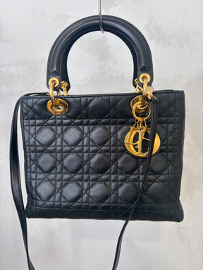 Dior Black Cannage Leather Medium Lady Dior With Gold Hardware