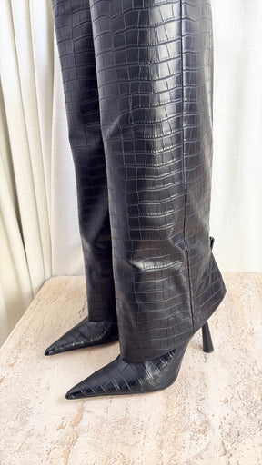 Gia Borghini Black Croc Embossed Heeled Knee High Boots, 40