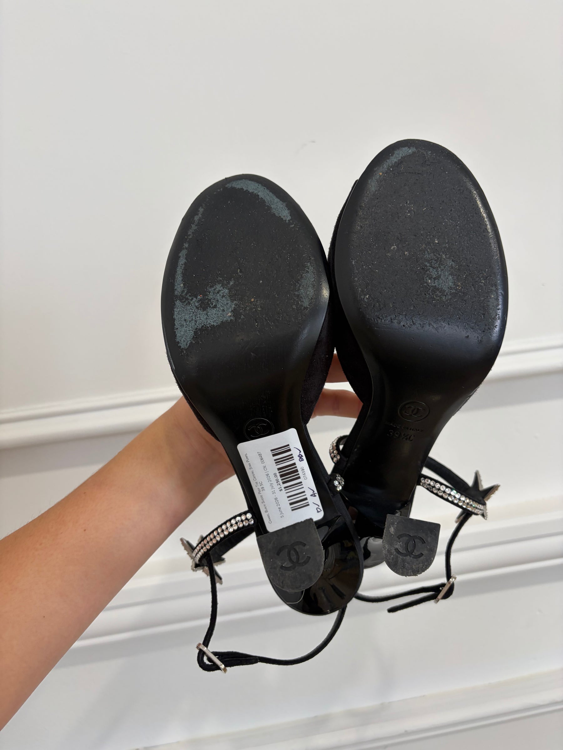 Chanel Black Suede Peep Toe Crystal Star Pumps, 39.5C