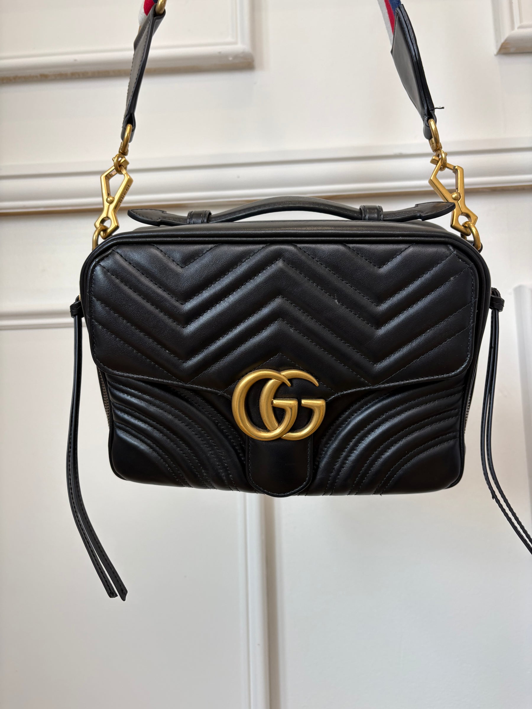 Gucci Black Chevron Leather Marmont Top Handle Satchel Bag