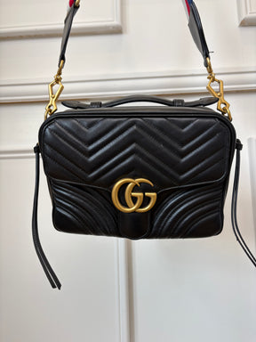 Gucci Black Chevron Leather Marmont Top Handle Satchel Bag