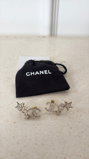 Chanel Gold Tone and Crystal CC No 5 Stud Earrings