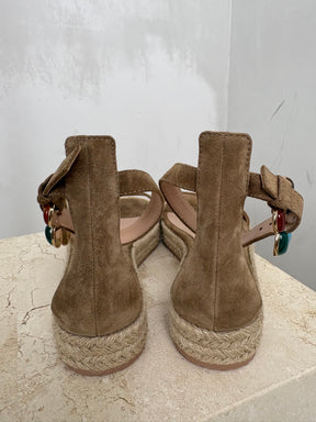 Gianvito Rossi Taupe Suede Espadrille Sandal with Gem Buckle, 38