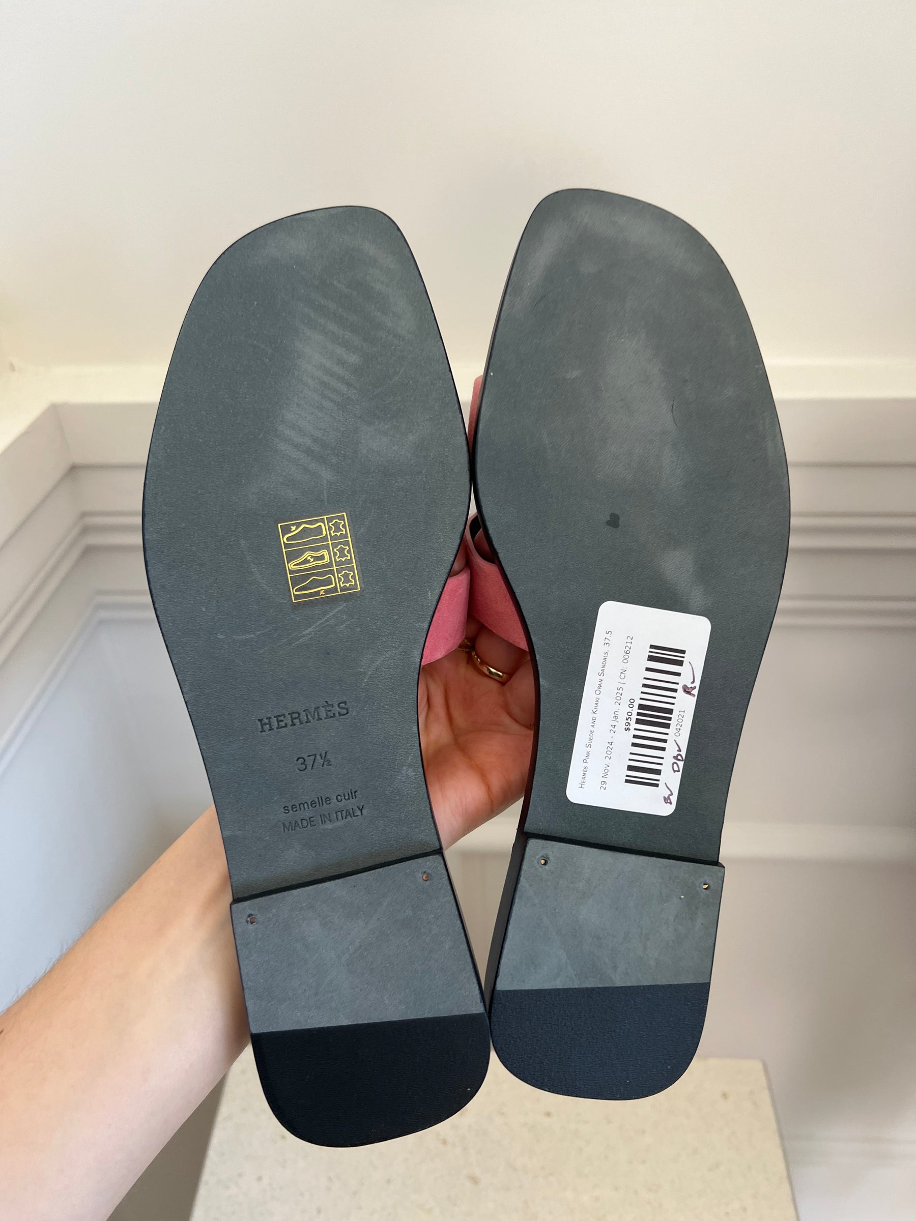 Hermès Pink Suede and Khaki Oran Sandals, 37.5