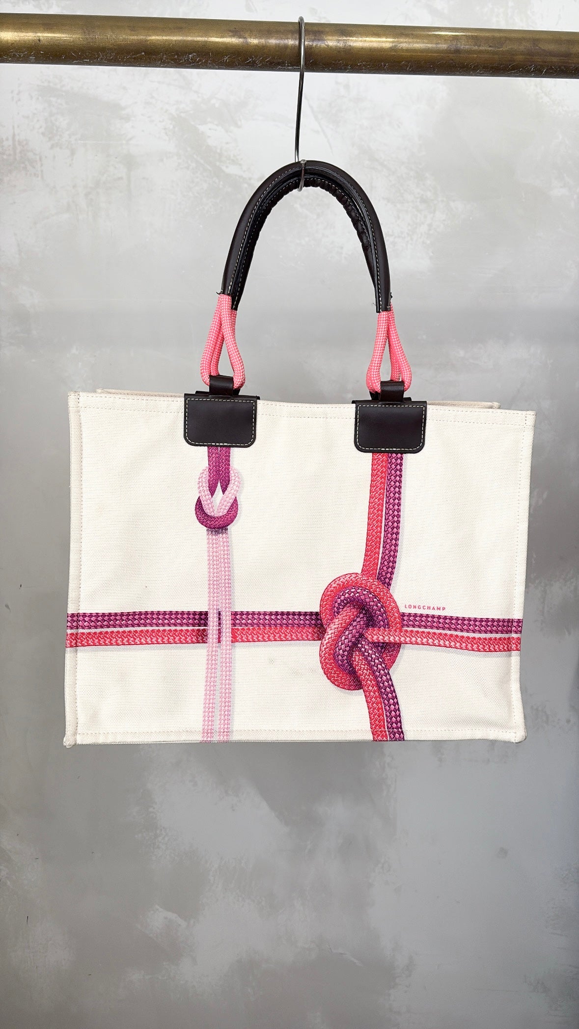 Longchamp Cream Pink and Purple Rope Print Canvas Tote