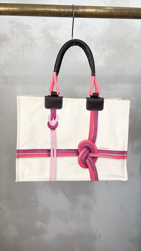 Longchamp Cream Pink and Purple Rope Print Canvas Tote