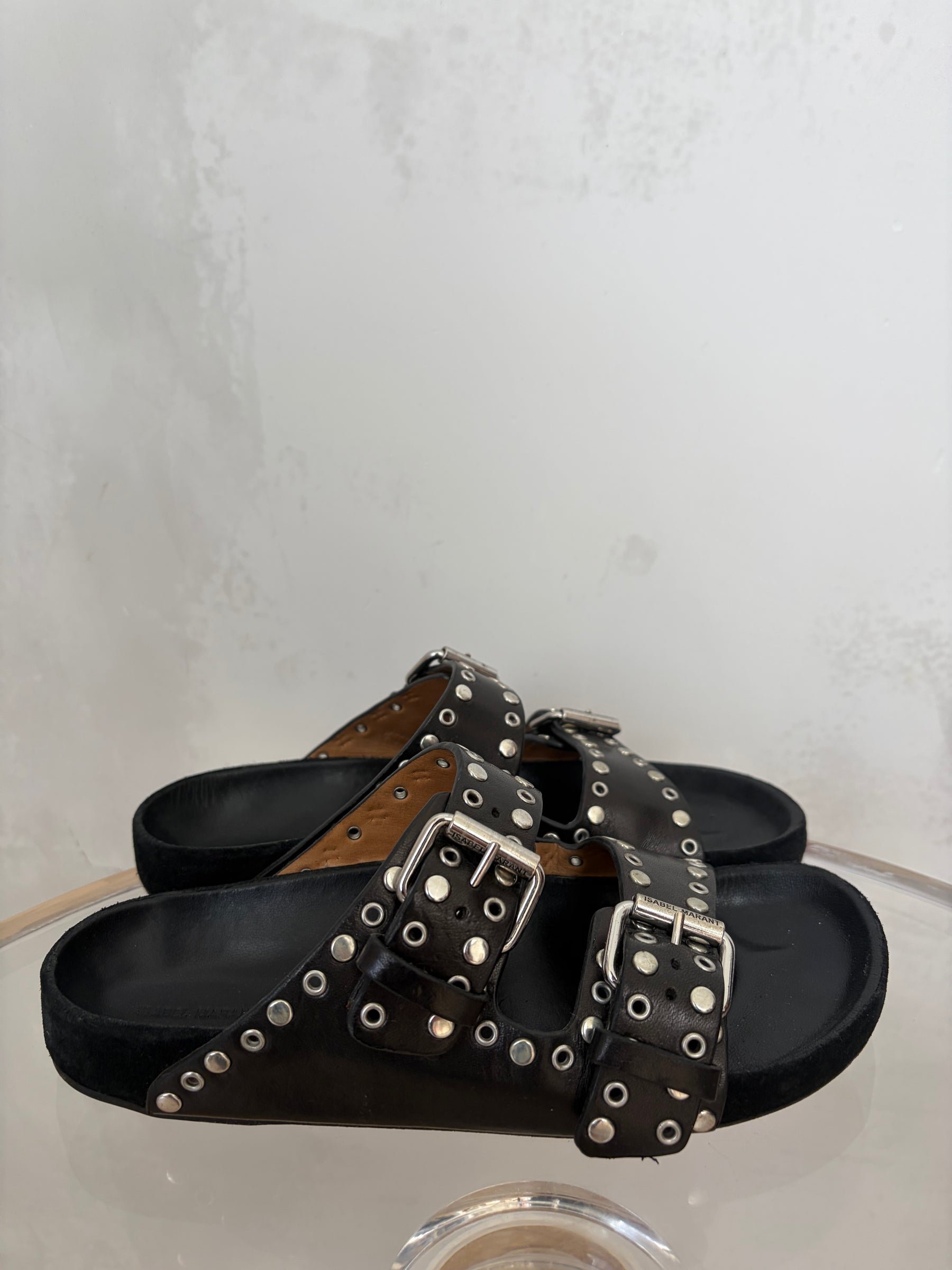 Isabel Marant Black Leather Studded Slides, 36