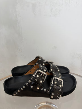 Isabel Marant Black Leather Studded Slides, 36