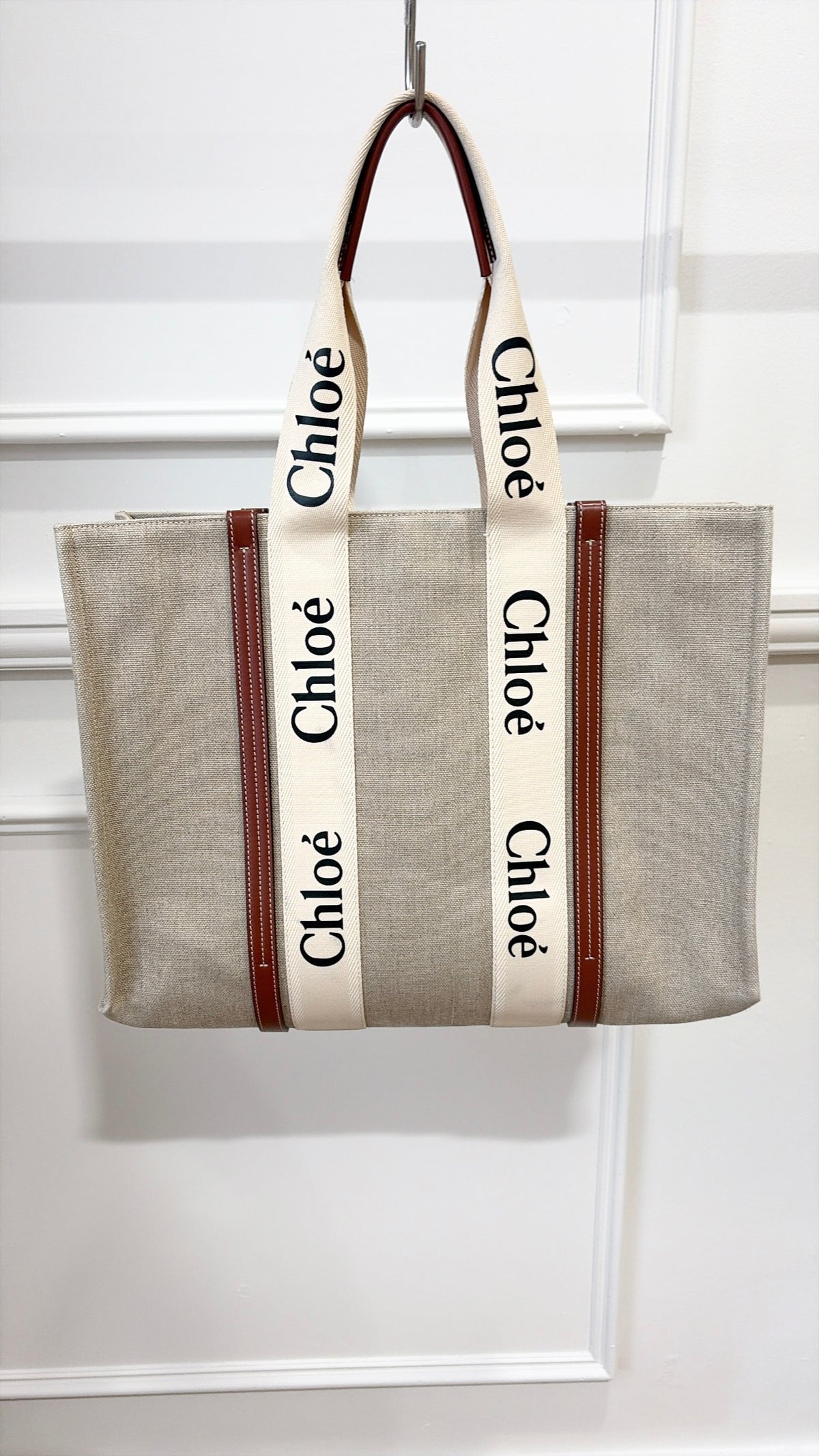 Chloé Canvas and Tan Leather Logo Woody Tote