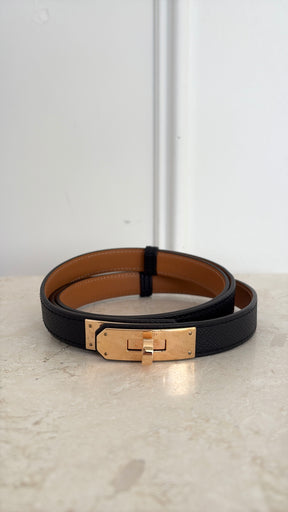 Hermès Black Leather Kelly Belt with Rose Gold Hardware, O/S