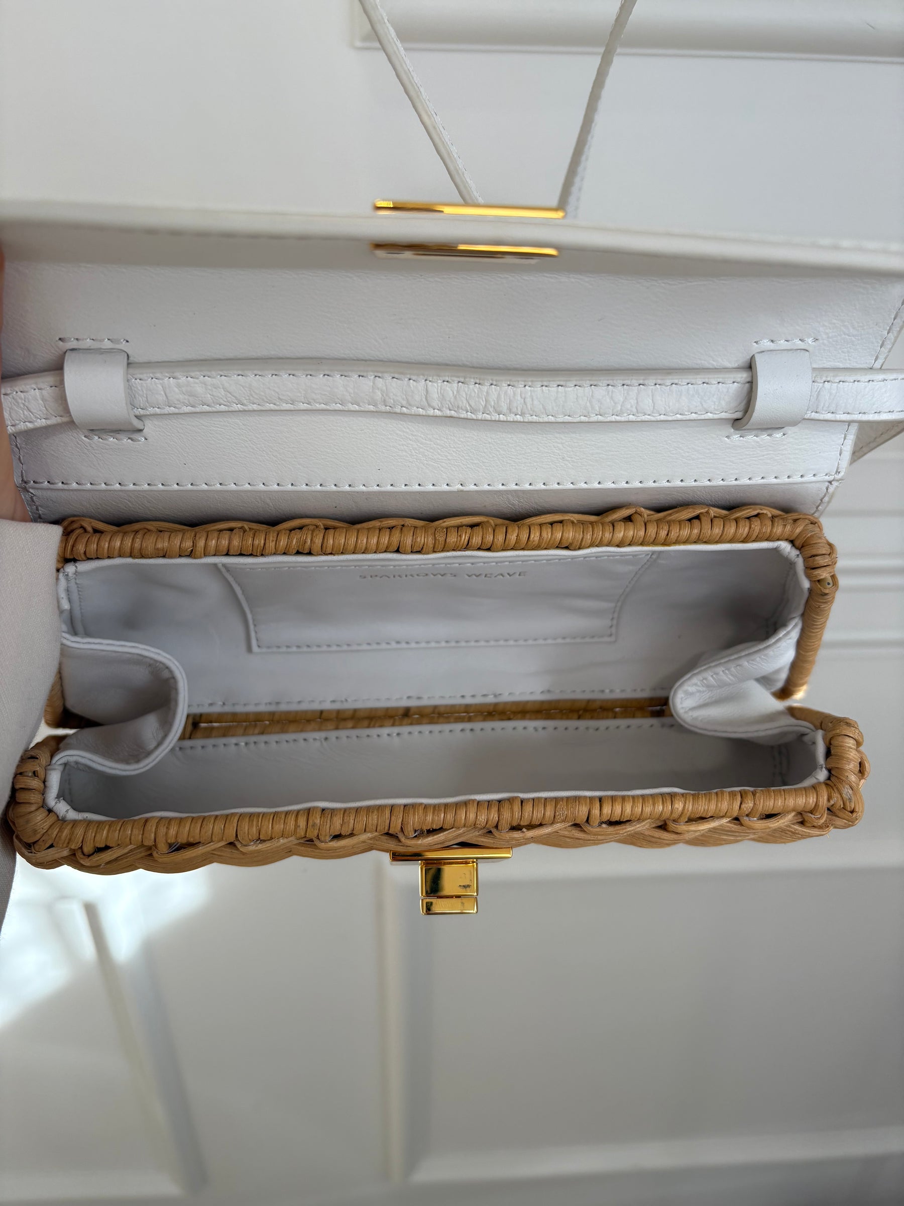 Sparrows Weave The Cross Body Wicker And Leather Clutch In Ivory