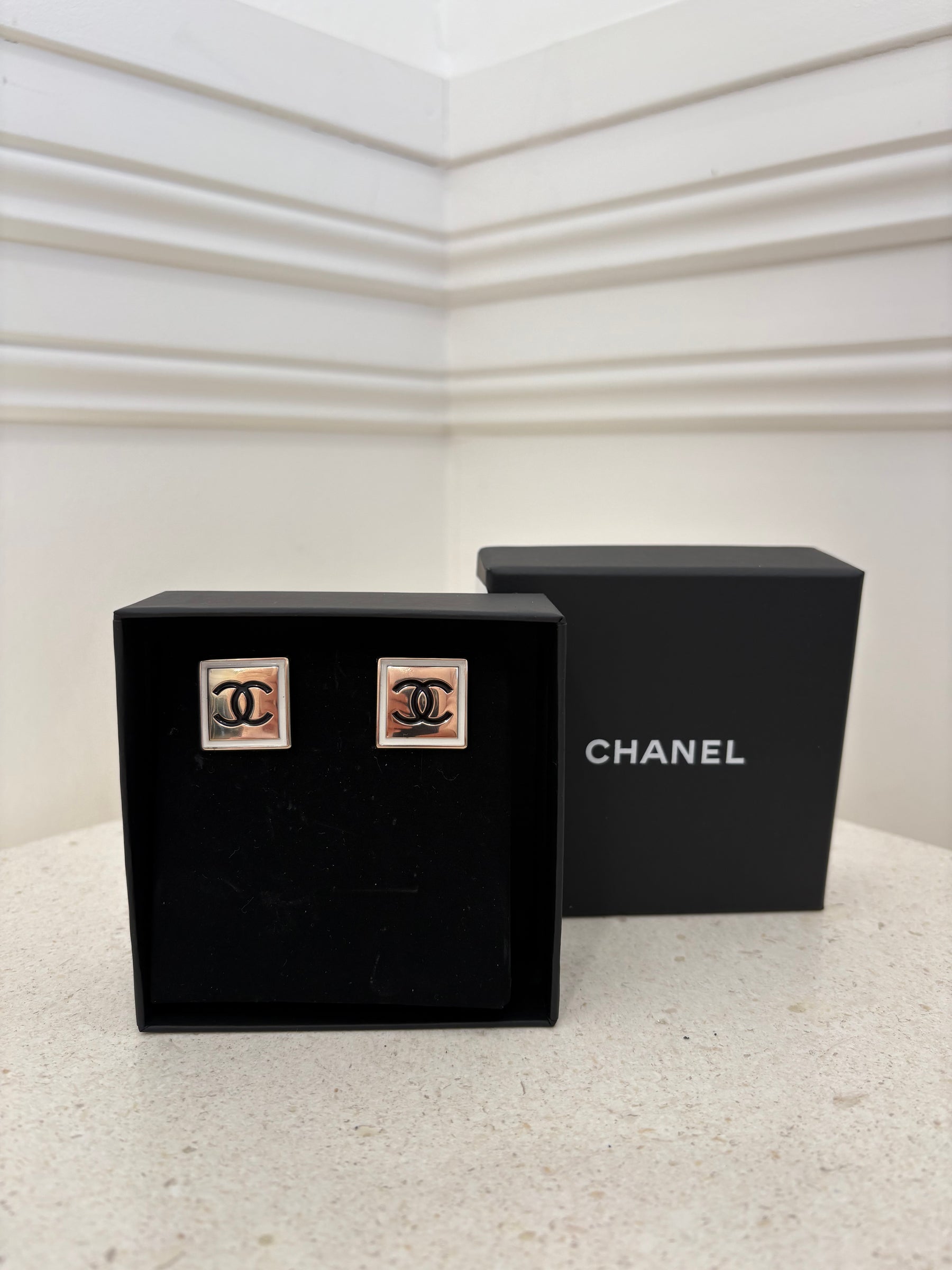 Chanel Square Loco Earrings Gold Tone