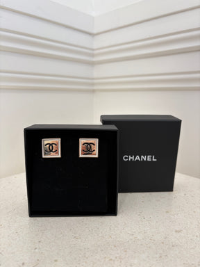 Chanel Square Loco Earrings Gold Tone