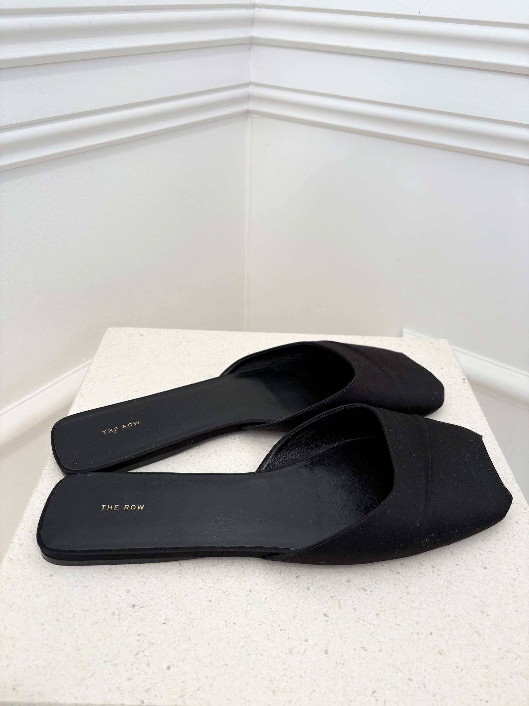 The Row Satin Peep Toe Slides, 41