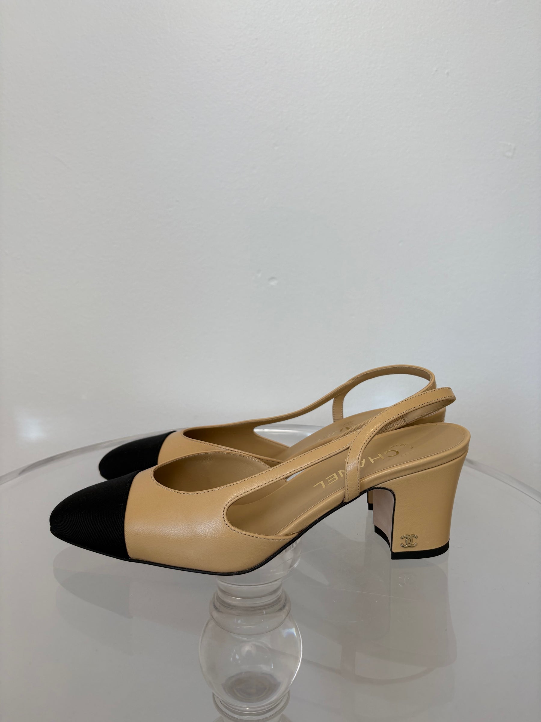 Chanel Beige Leather and Black Heeled Slingback, 40C