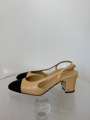 Chanel Beige Leather and Black Heeled Slingback, 40C