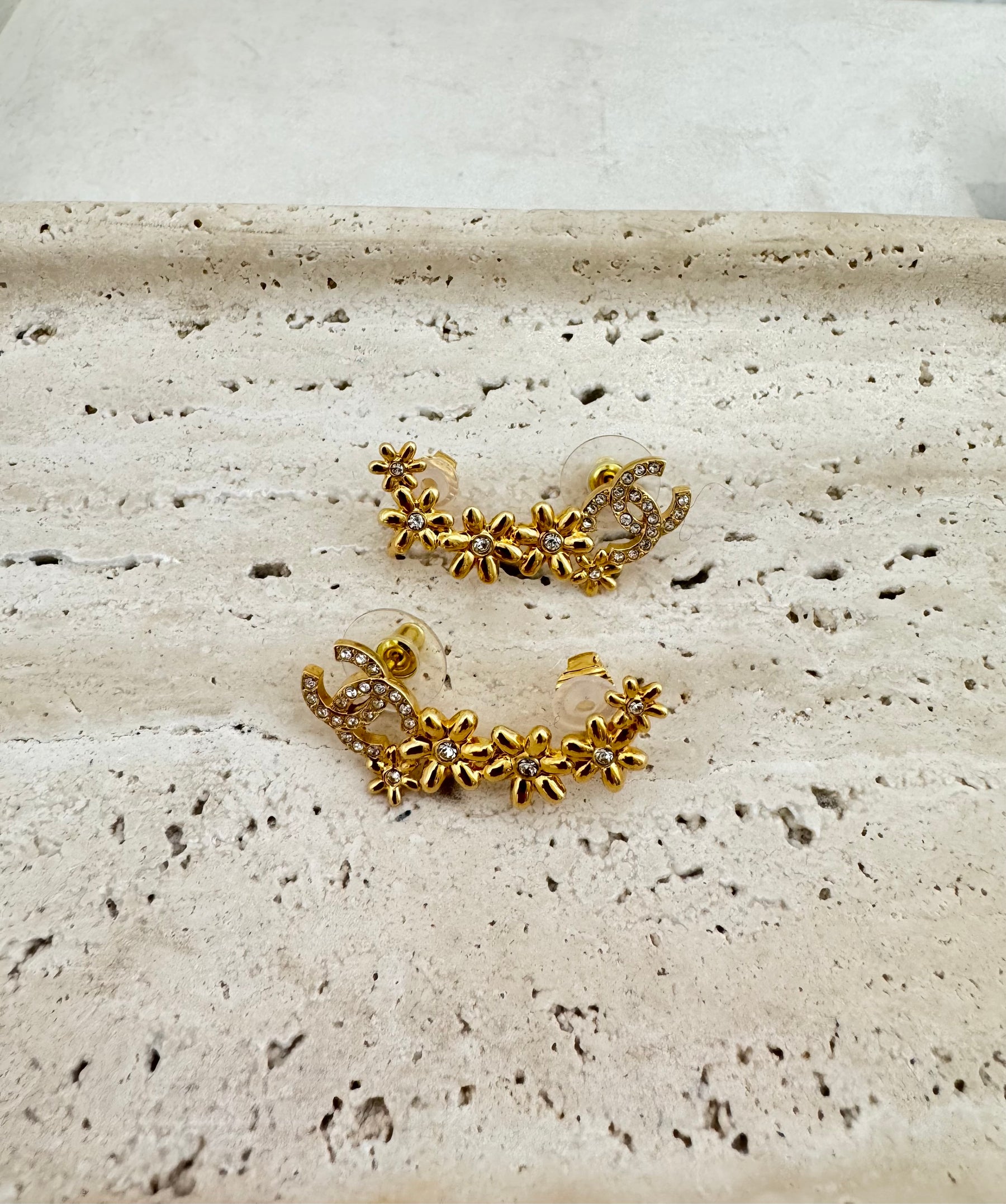 Chanel Gold Tone and Crystal Floral CC Climber Earring