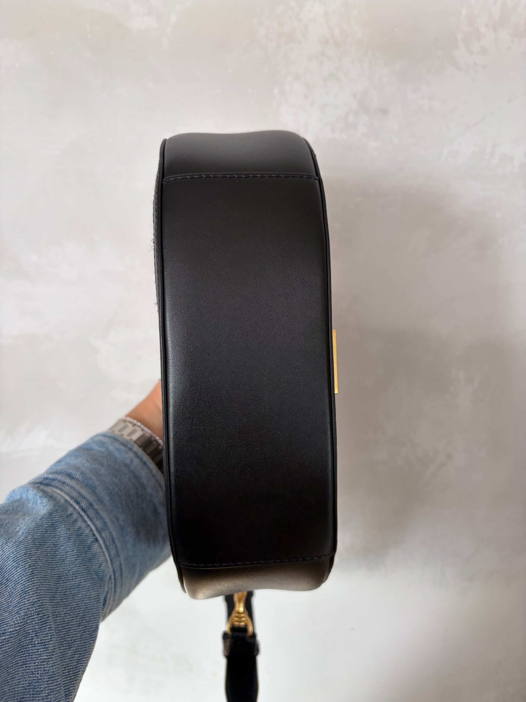 Oroton Black and Charcoal Monogram half Moon Flap Bag