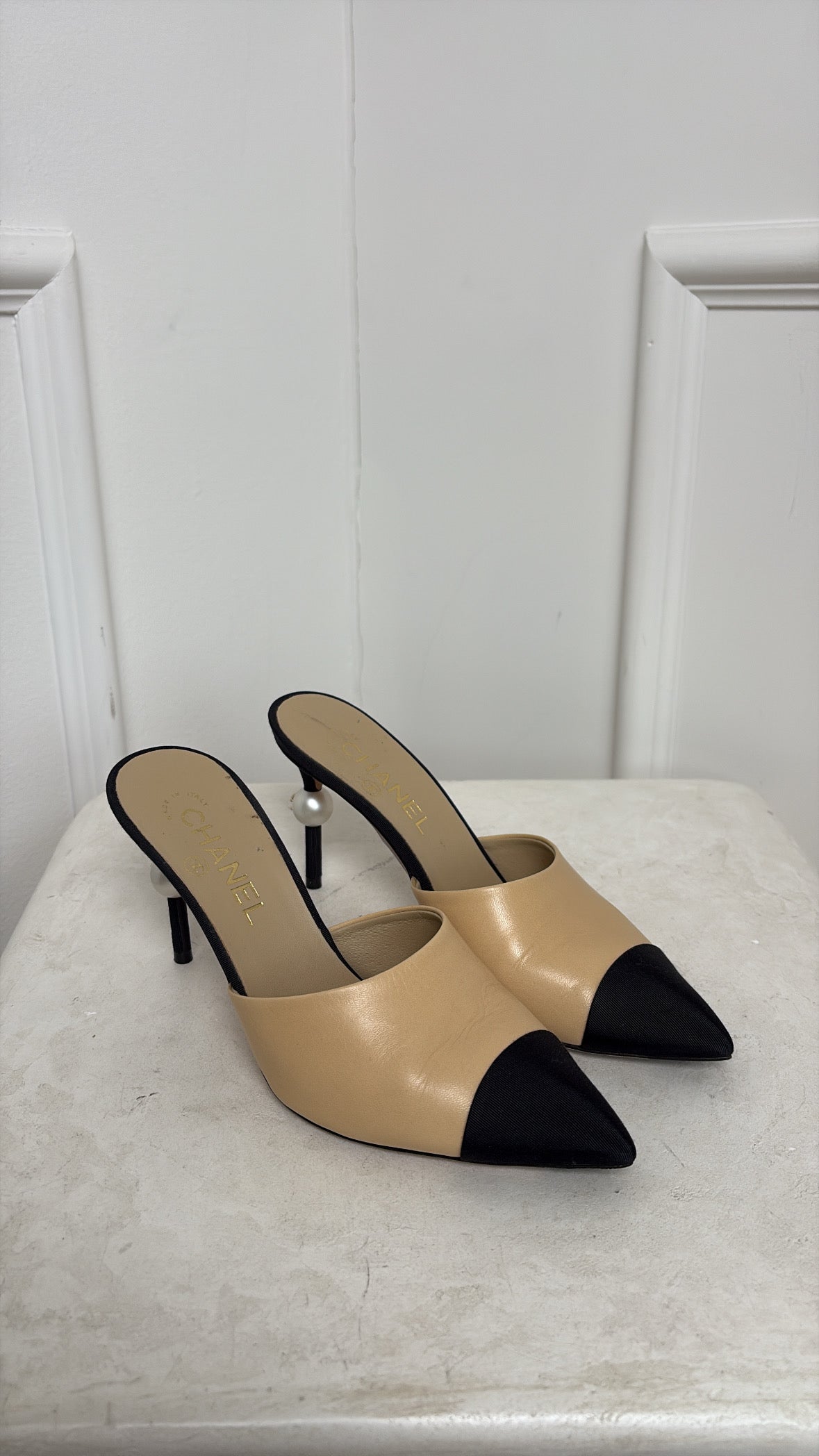 Chanel Beige Leather and Black Grosgrain Pointed Pearl Heel Mule, 37C