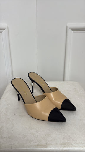 Chanel Beige Leather and Black Grosgrain Pointed Pearl Heel Mule, 37C