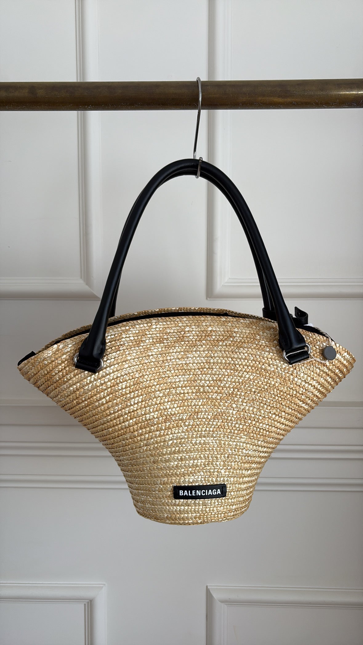 Balenciaga Raffia and Black Leather Mini Beach Tote