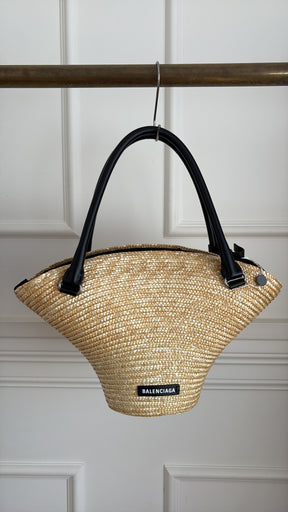 Balenciaga Raffia and Black Leather Mini Beach Tote