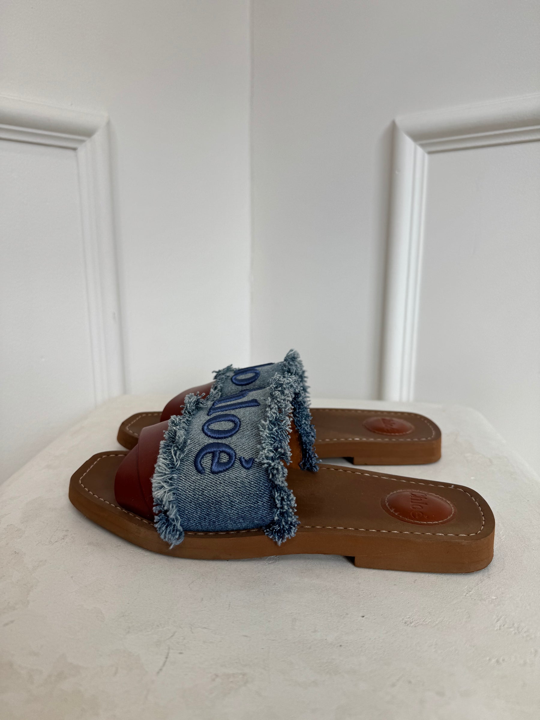 Chloe  Denim Leather Logo slides, 38