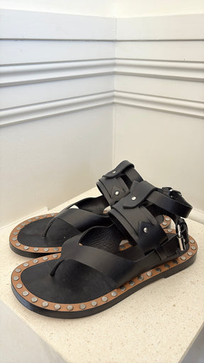 Isabel Marant Black Leather Studded Thong Sandals, 37
