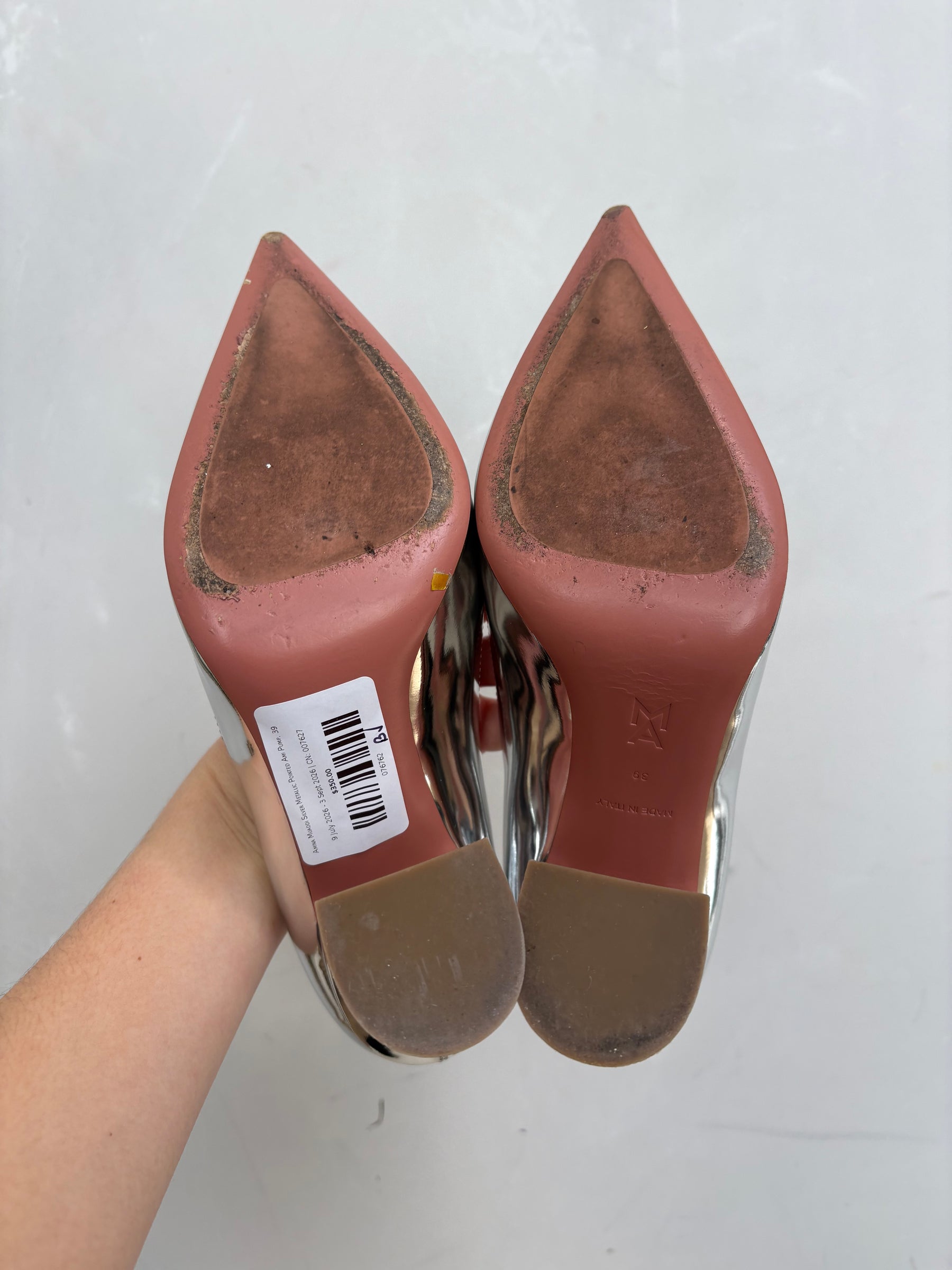 Amina Muaddi Silver Metallic Pointed Ami Pump, 39