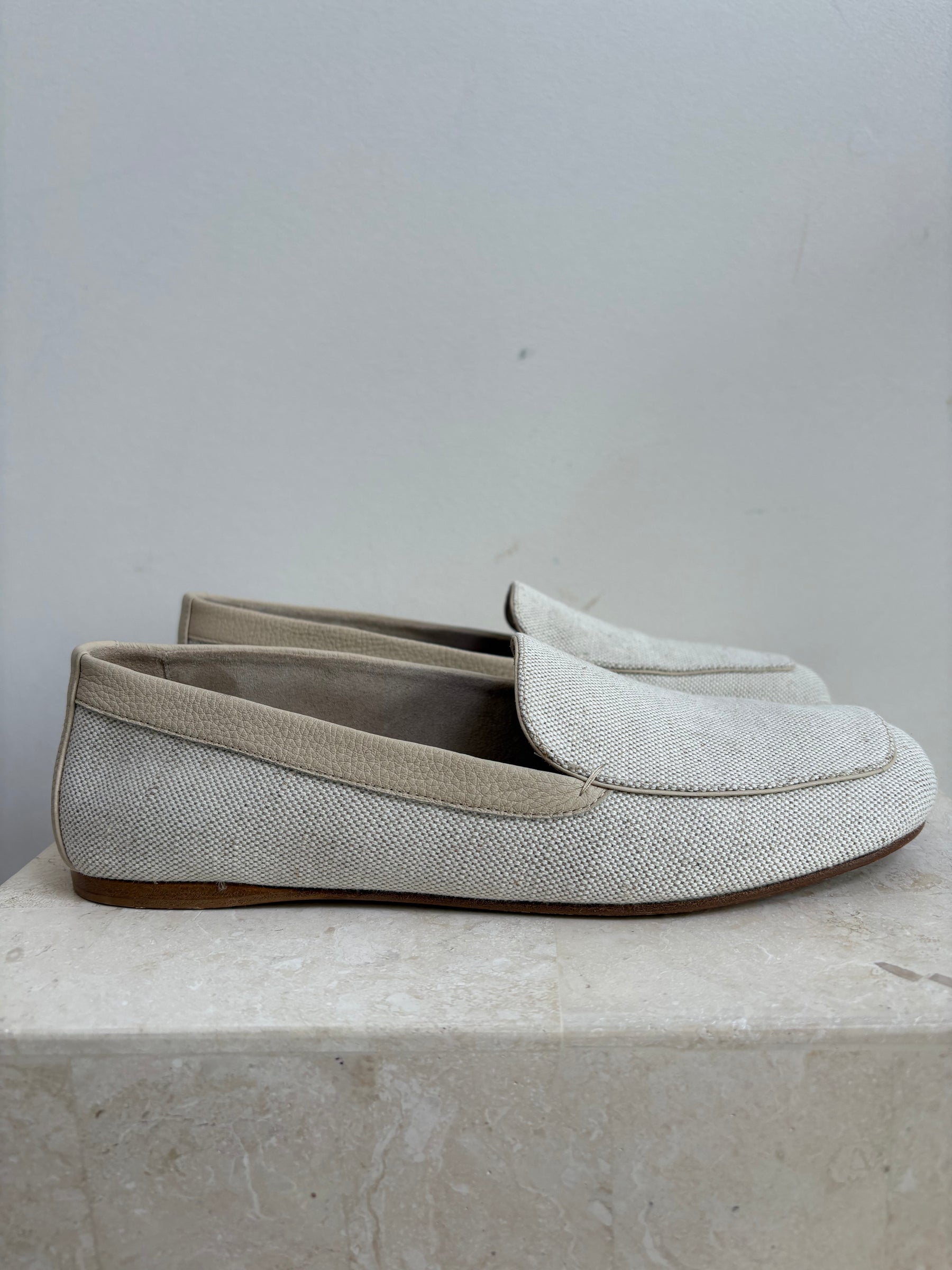 Khaite Cream Canvas Square Tie Loafers, 39