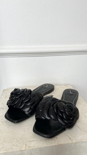 Valentino Black Leather Rose Atelier Slides, 39