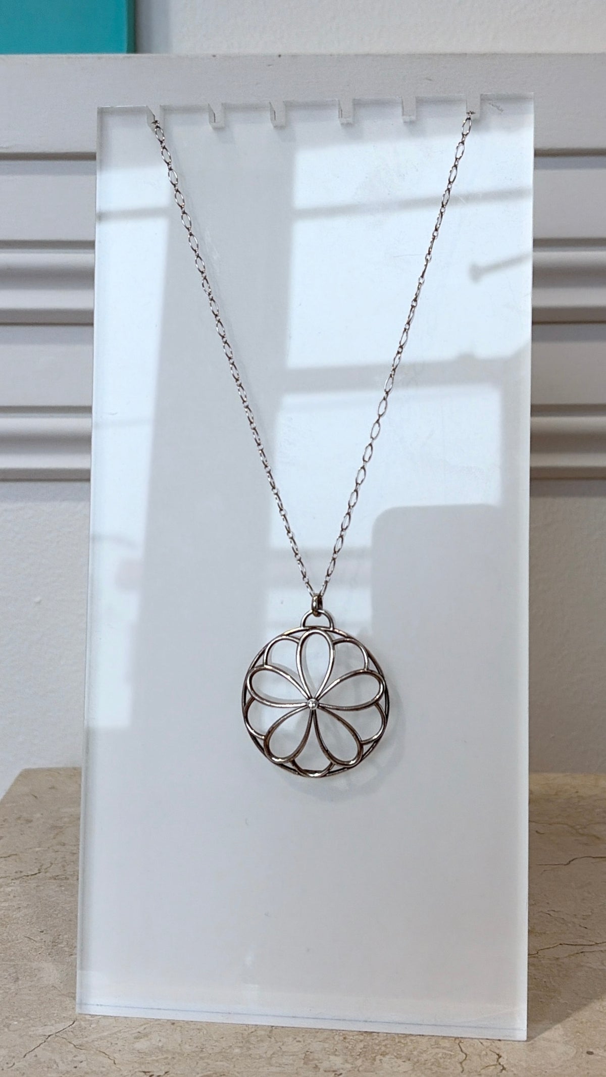 Tiffany & Co. Sterling Silver Flower Medallion Pendant on Long Chain