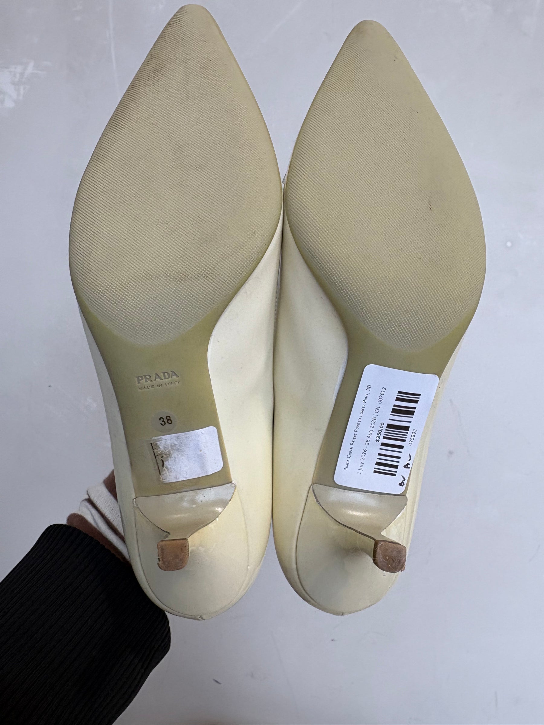 Prada Cream Patent Pointed Loafer Pump, 38