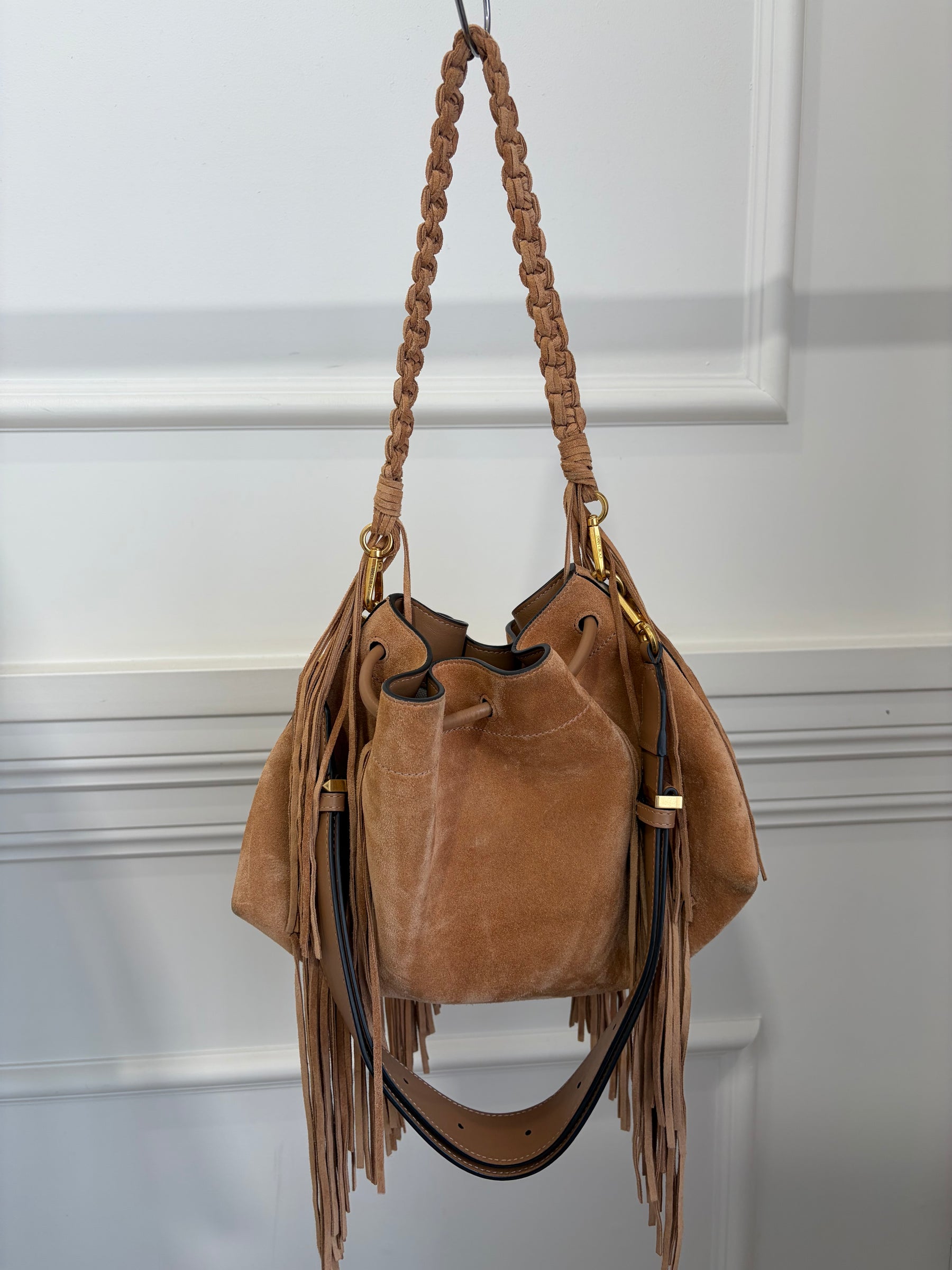 Jimmy Choo Toffee Suede Fringed Cinch Medium Bag