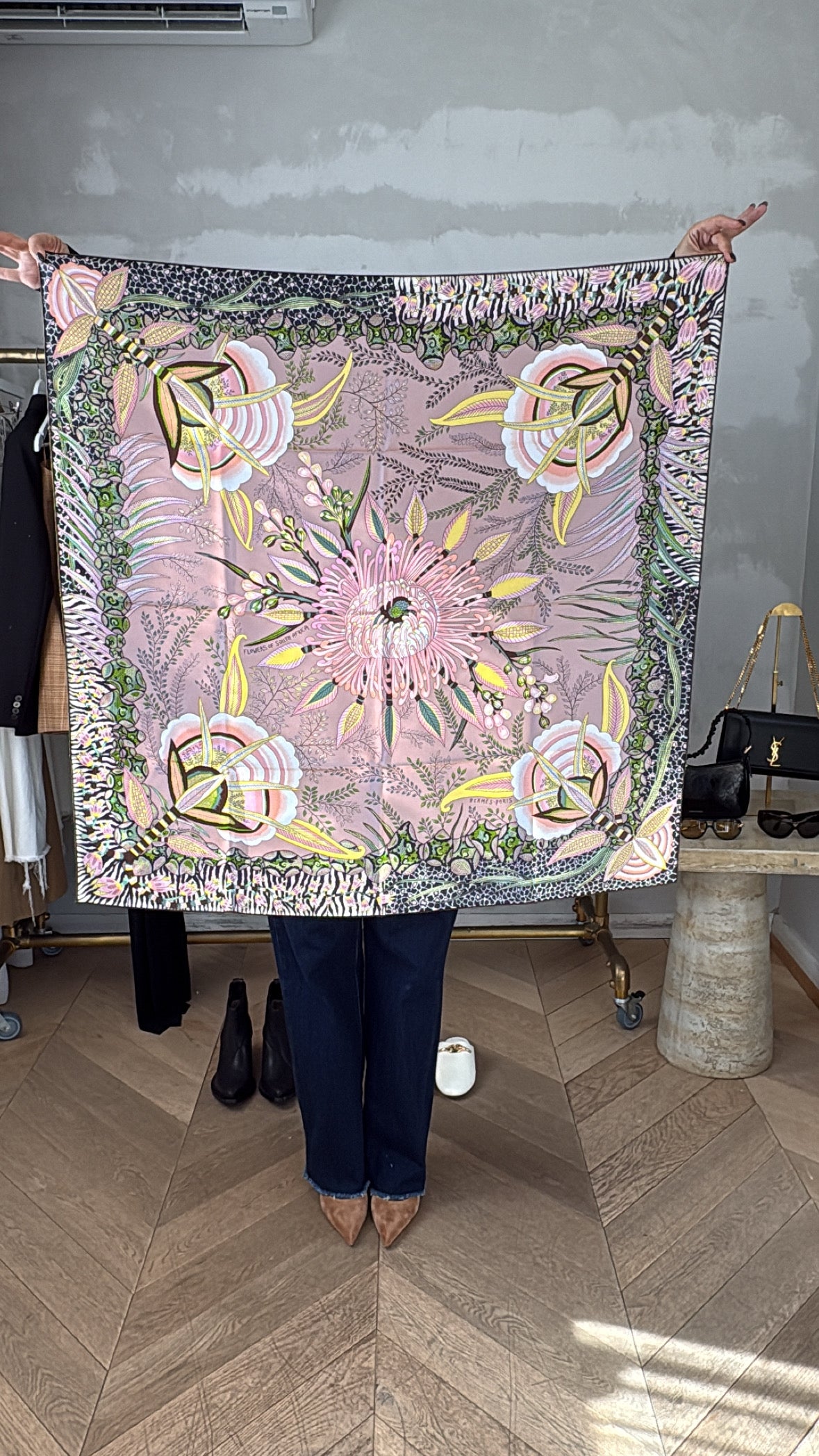 Hermès Pink and Green "Flowers of South Africa" Silk Scarf, 90