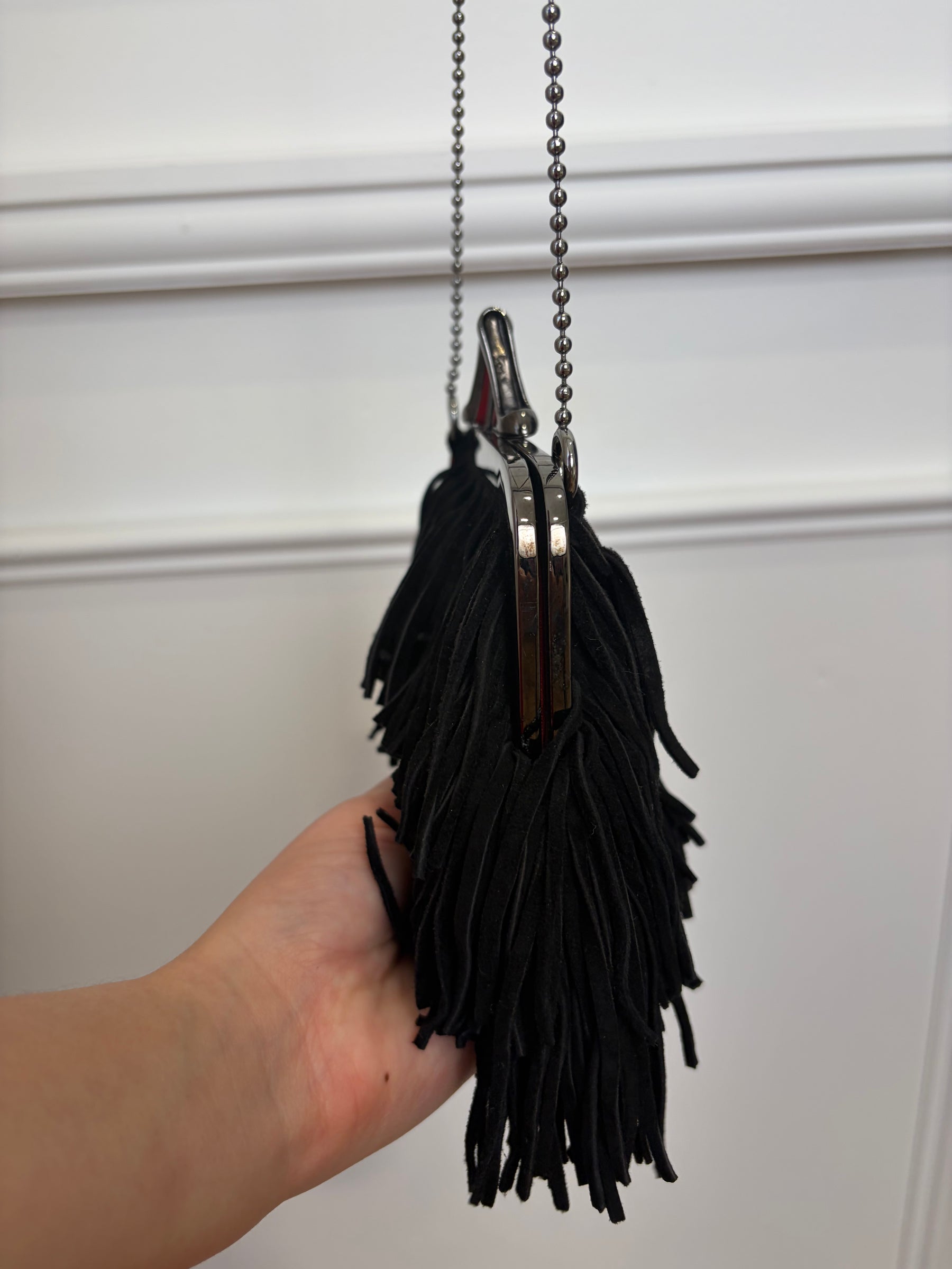 Christian Louboutin Black Suede Fringed Mini Crossbody Kisslock Pouch