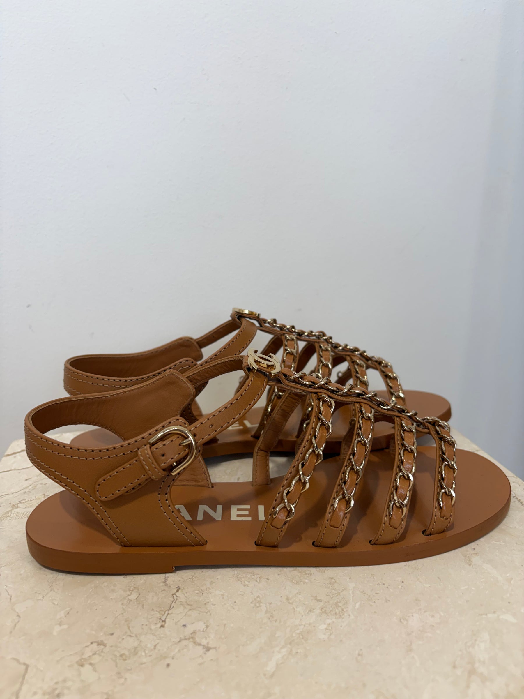Chanel Tan Leather Chain Sandals, 37 C