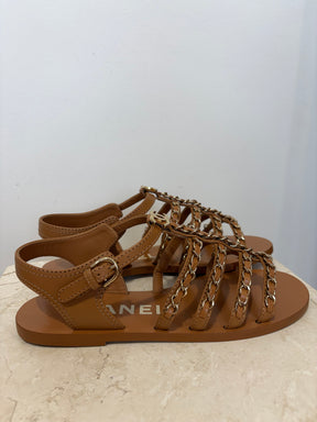 Chanel Tan Leather Chain Sandals, 37 C