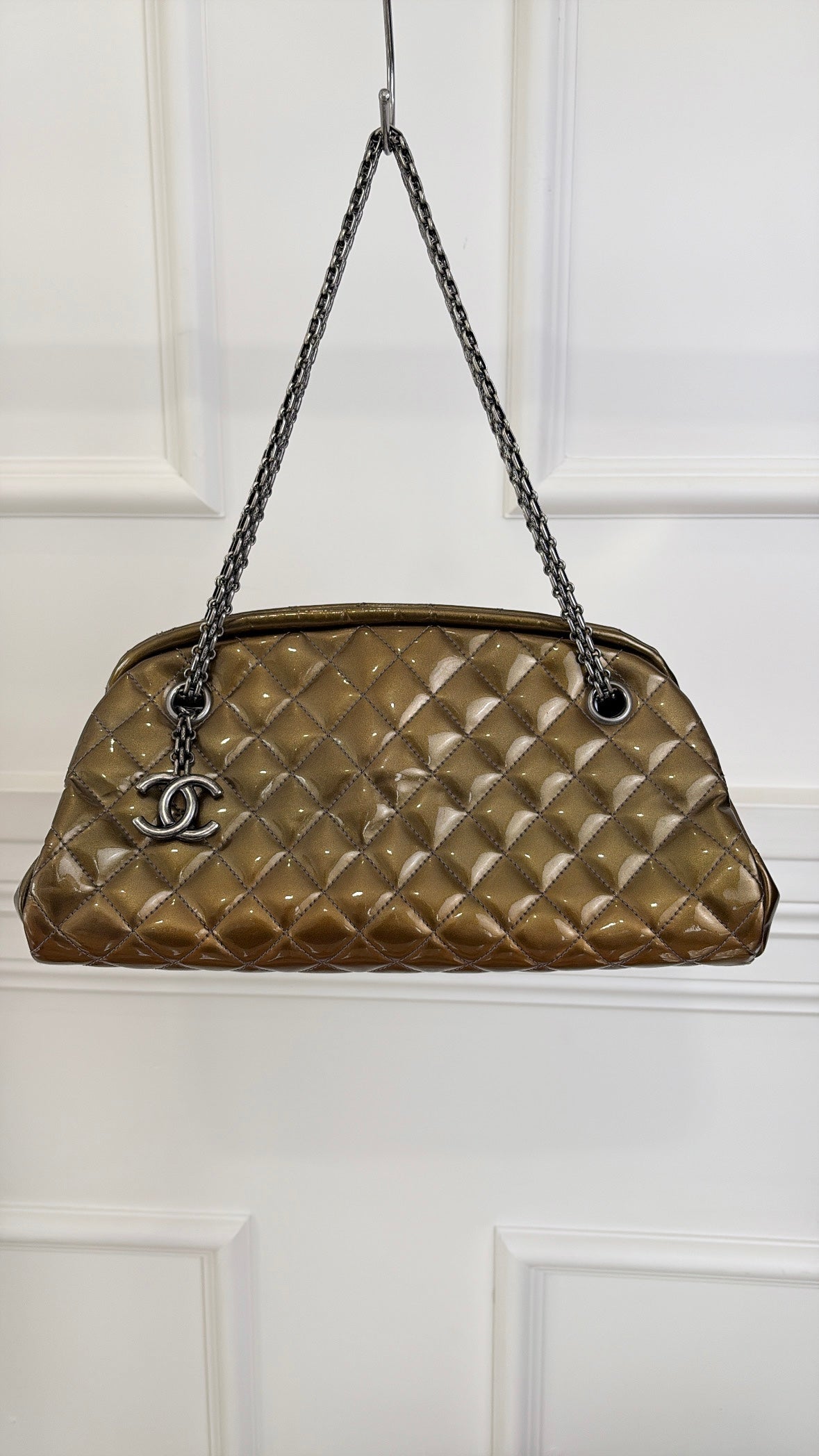 Chanel Khaki Bronze Patent Mademoiselle Bowling Bag