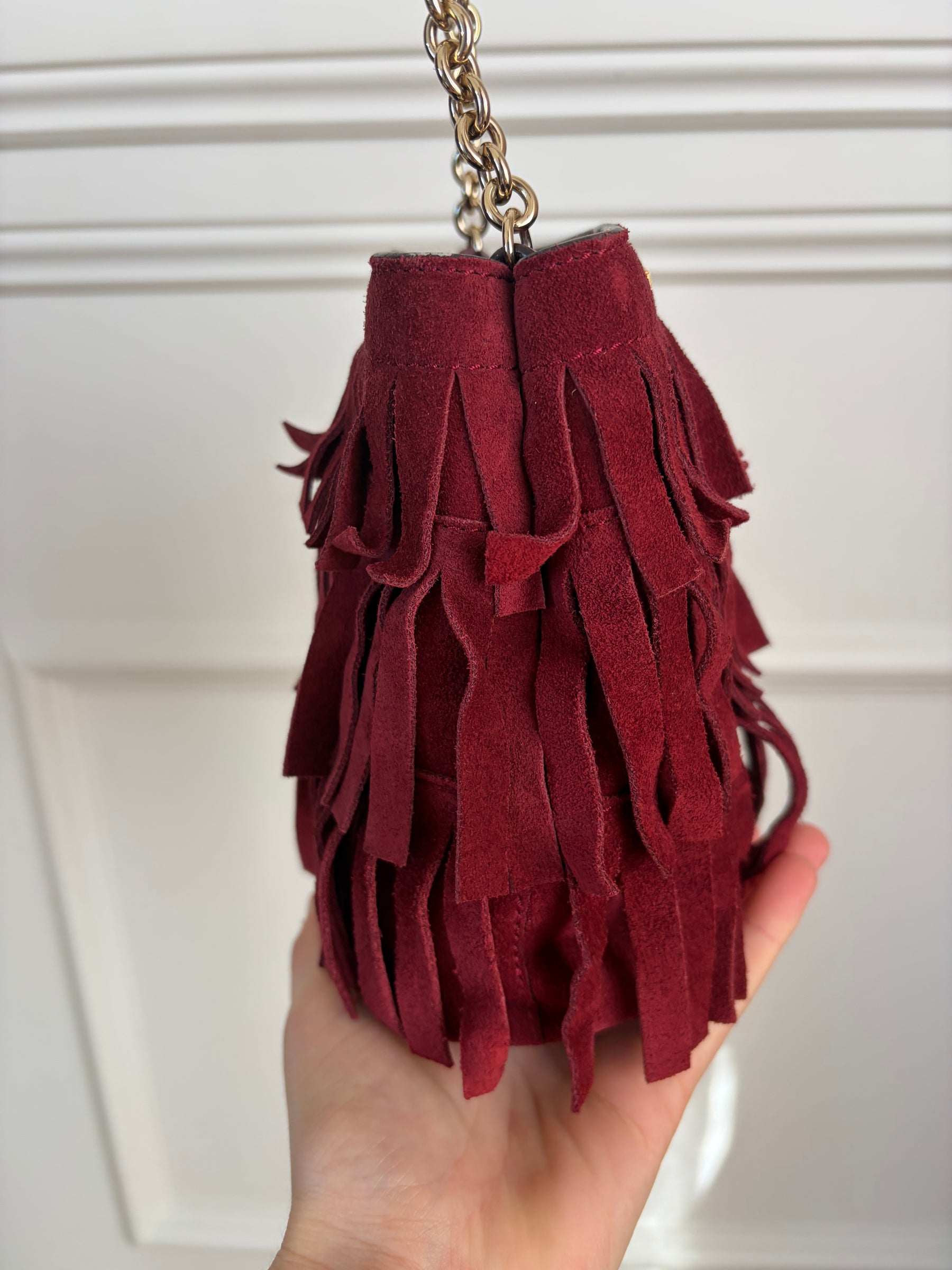 Burberry Red Suede Fringed Mini Bucket bag