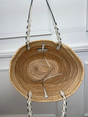 Prada Raffia and White Leather Logo Basket Tote