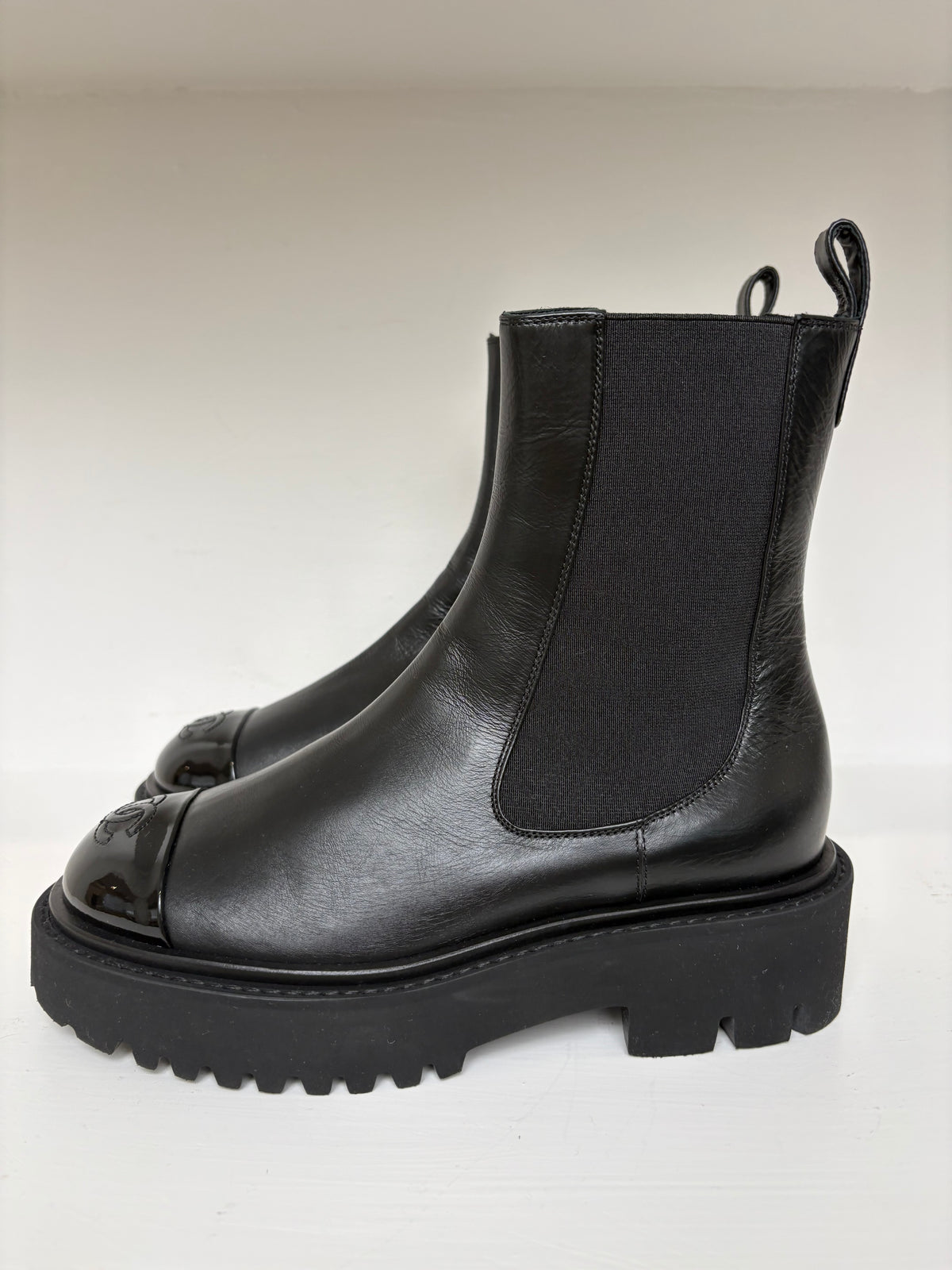Chanel Black Leather Patent Cap Toe Boots, 36 C