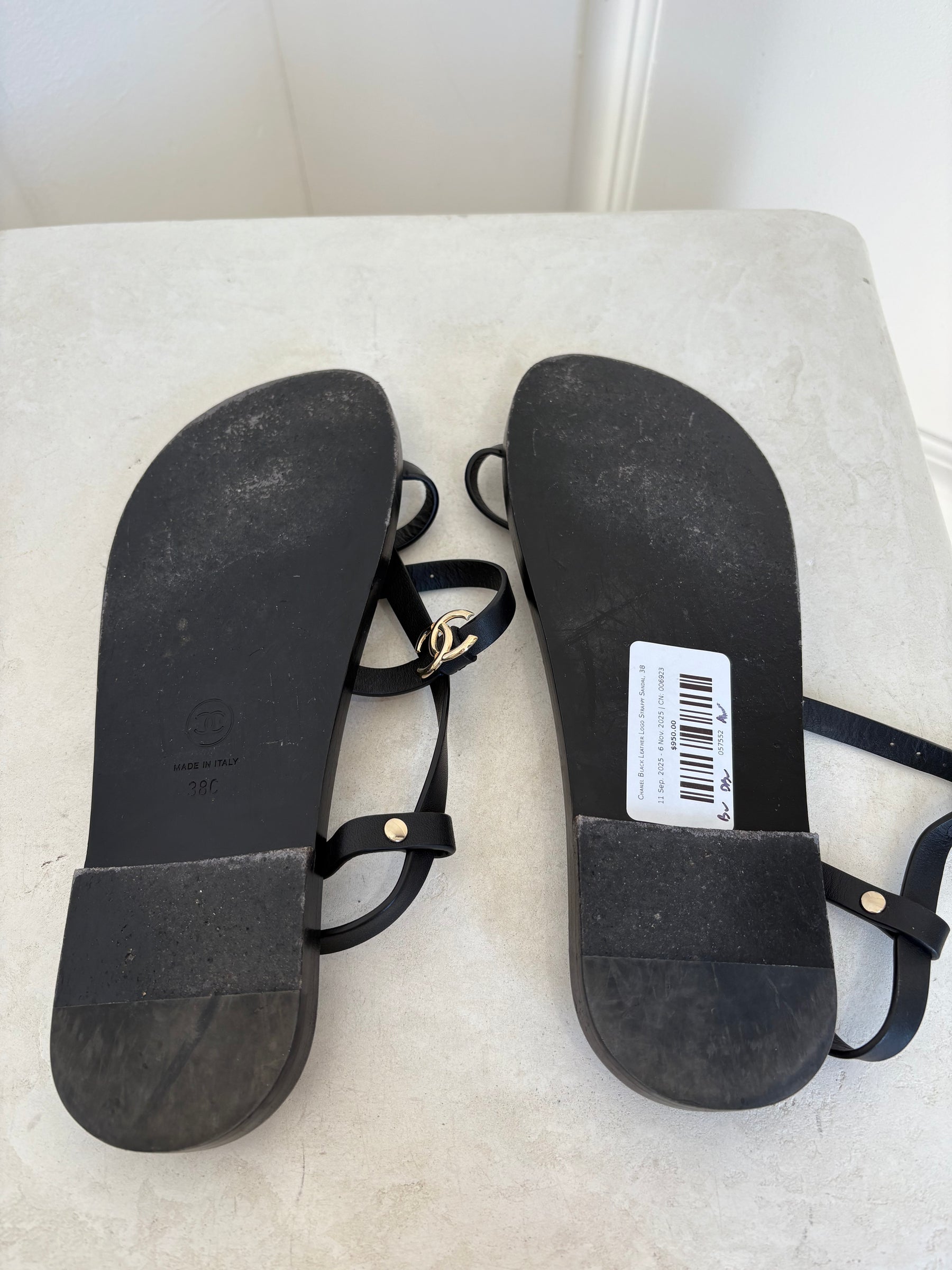 Chanel Black Leather Logo Strappy Sandal, 38