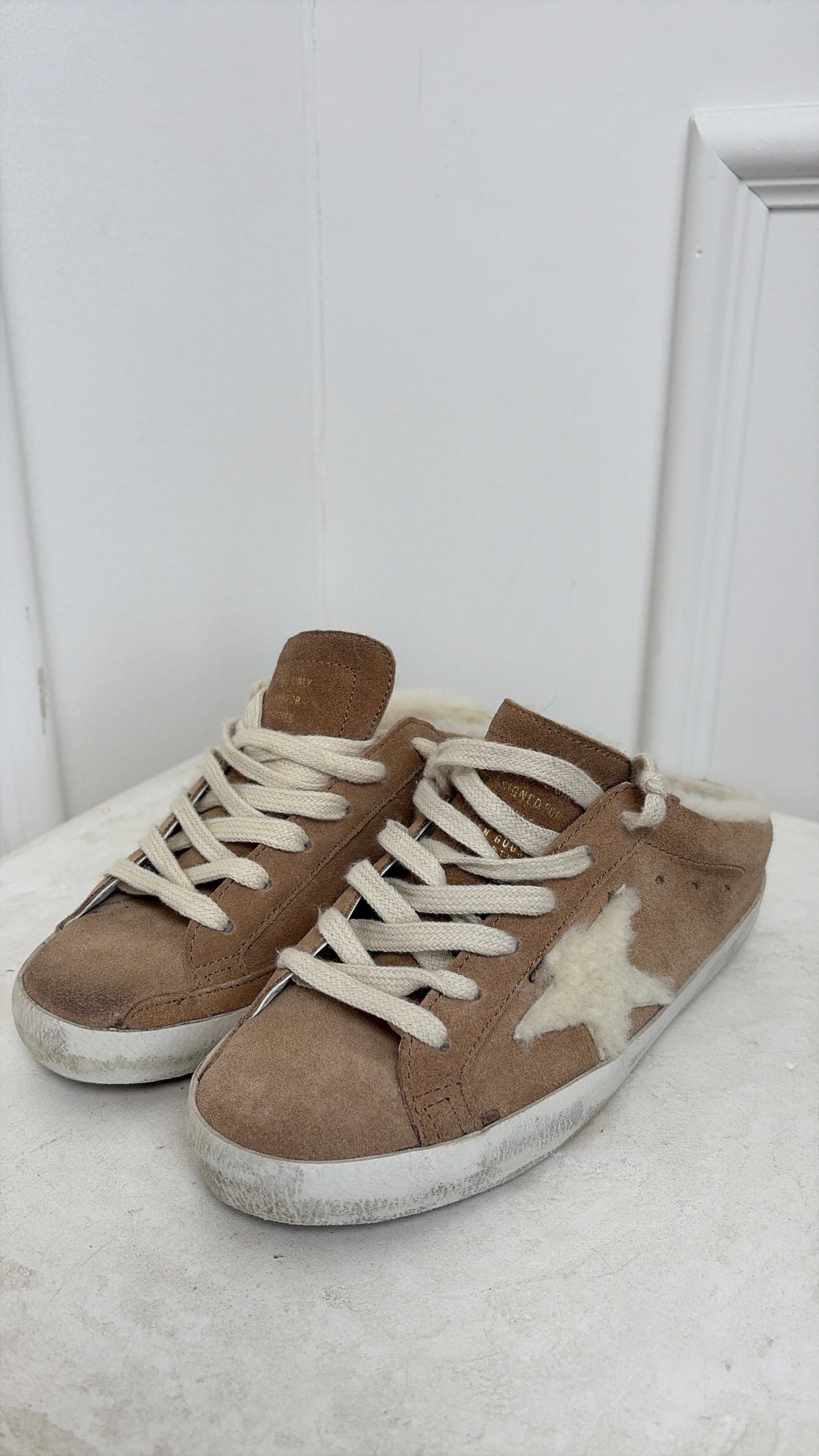 Golden Goose Tan Suede and Shearling Backless Superstar Sneaker, 35