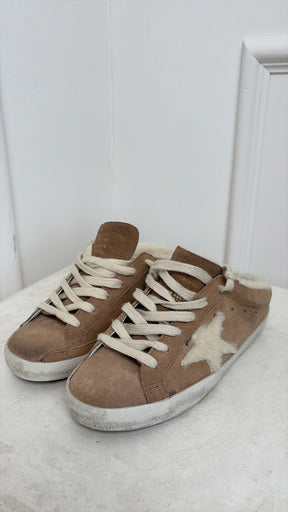 Golden Goose Tan Suede and Shearling Backless Superstar Sneaker, 35