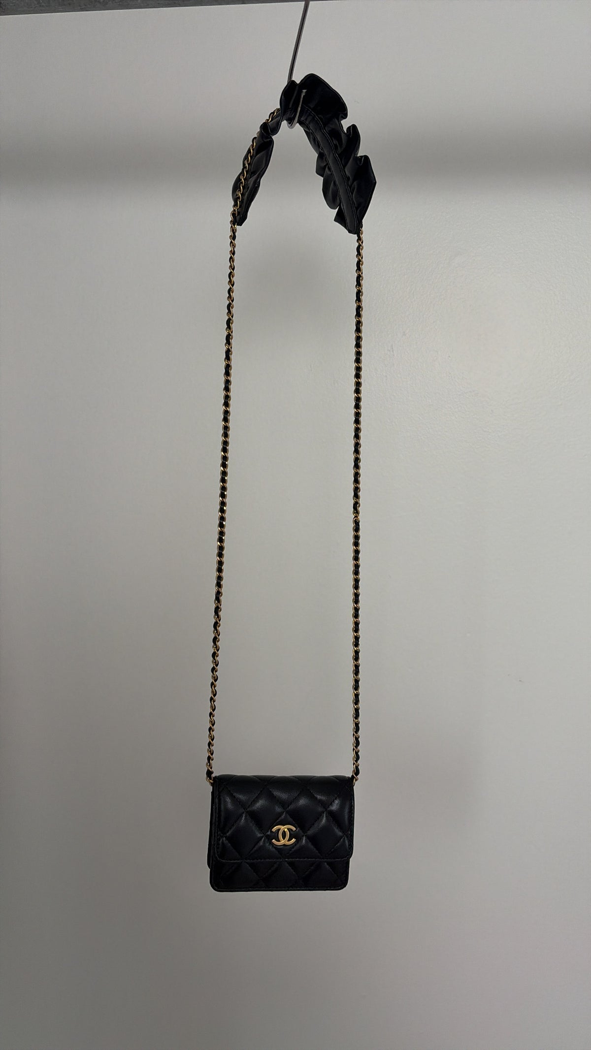 Chanel Black Leather Ruffle Shoulder Crossbody Card Case