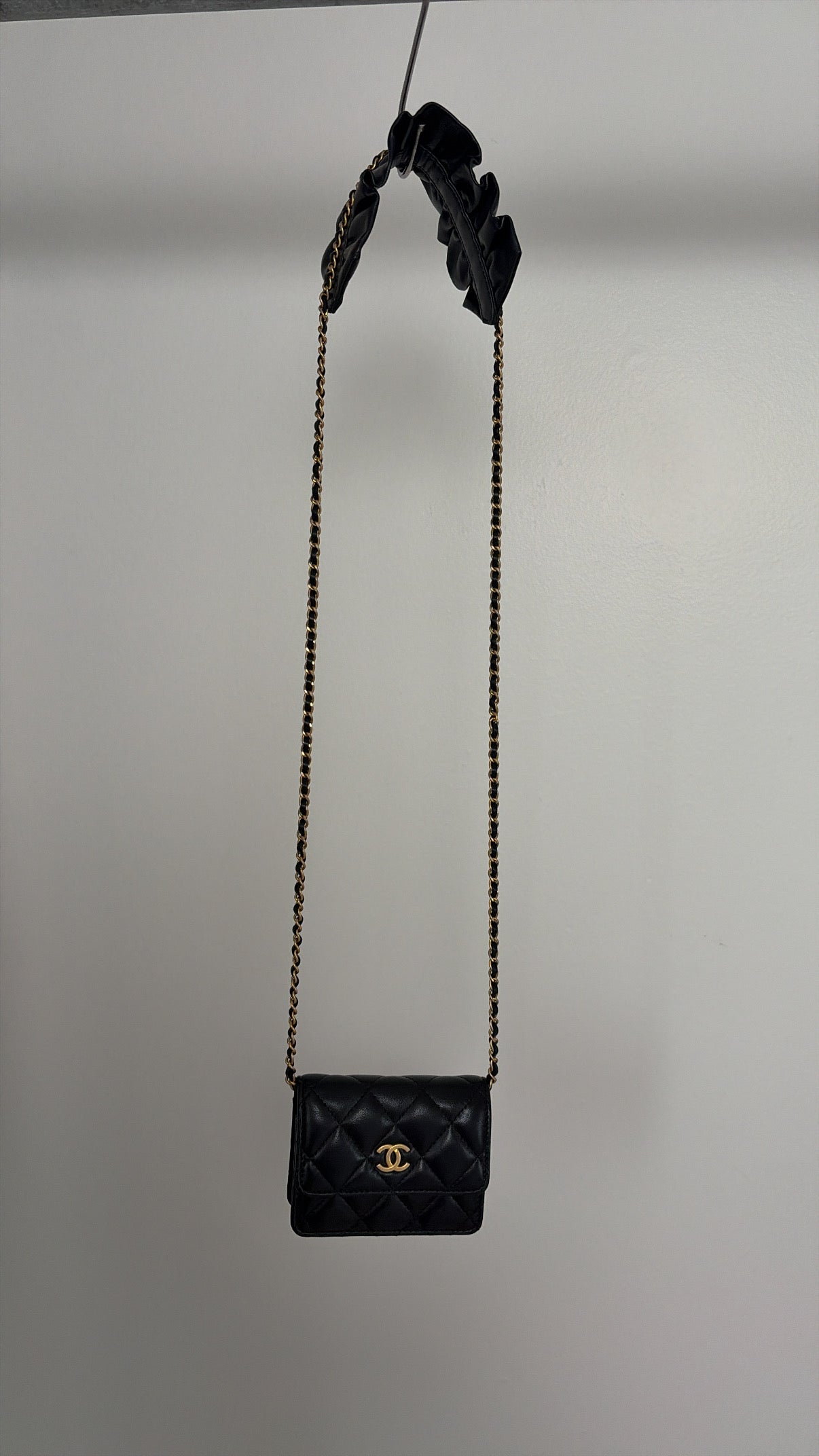 Chanel Black Leather Ruffle Shoulder Crossbody Card Case
